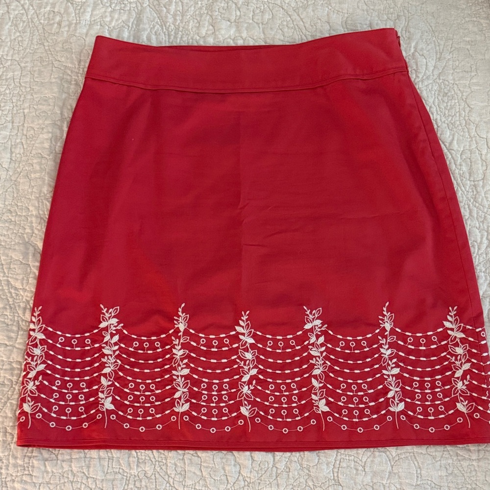 Ann Taylor Red Mini Skirt with White Embroidery